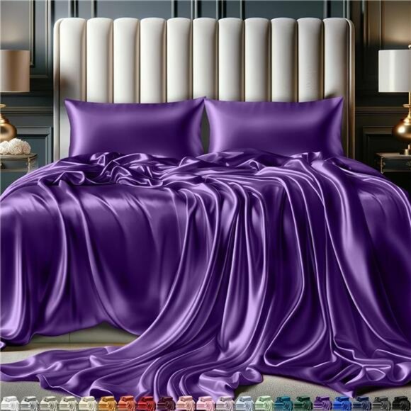 Satin Sheets Full Size Set 4 Pcs - Silky & Luxuriously Soft Satin Bed Sheets - Picture 1 of 7